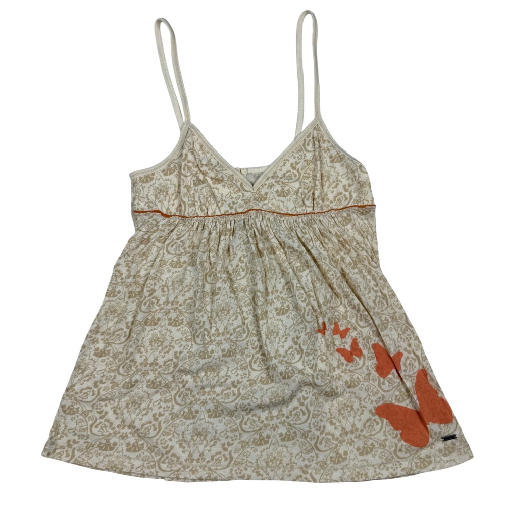 RARE VTG Y2K Hollister Butterfly Damask Babydoll Cami Top Cream Orange Small